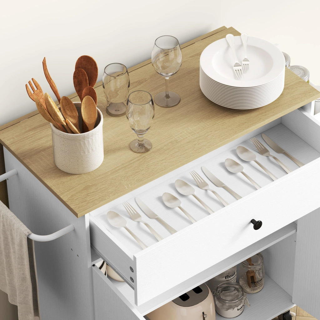 Carrello da Cucina con 1 Cassetto e 2 Ante; Piano Ribaltabile e Ripiano Regolabile; 106x42x87 cm; Bianco