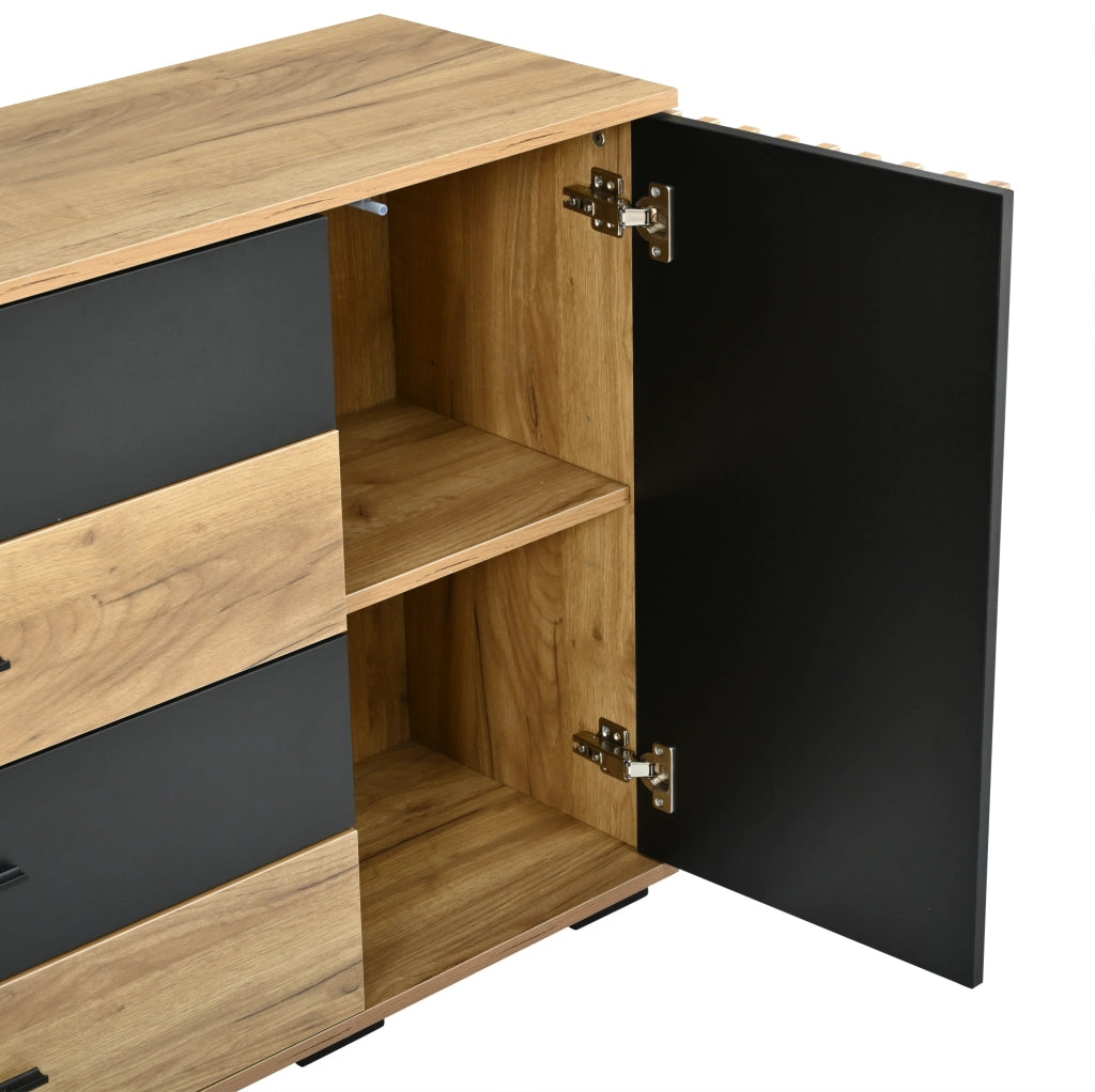 Credenza 140x35x70 cm in MDF; 4 cassetti e 2 ante con ripiani regolabili; nero e rovere