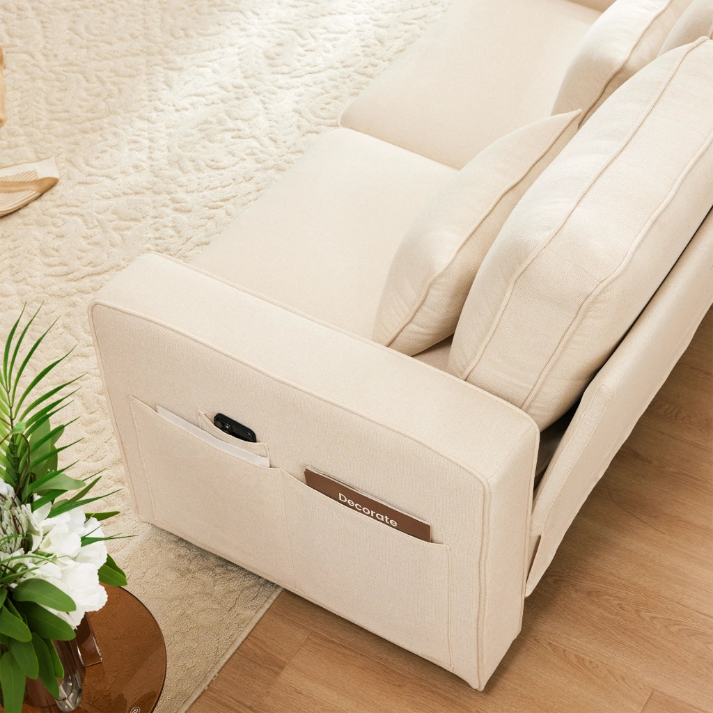 Divano 4 Posti con Consolle; 2 Portabicchieri; 2 Porte USB e Tasche laterali in Lino Beige
