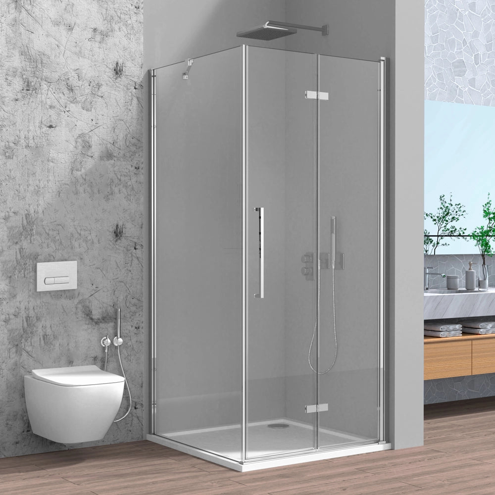 Box doccia angolare a soffietto 90x80 in vetro temperato trasparente con profili cromo Neos