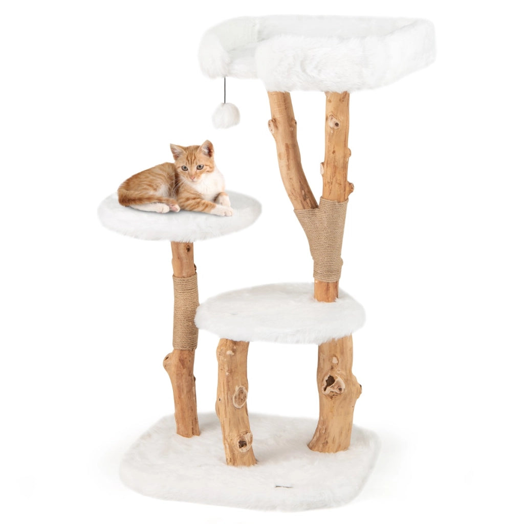 Albero per gatti in legno alto 110cm con piattaforma pali in corda di juta, Torre per gatti in peluche lunga Bianco
