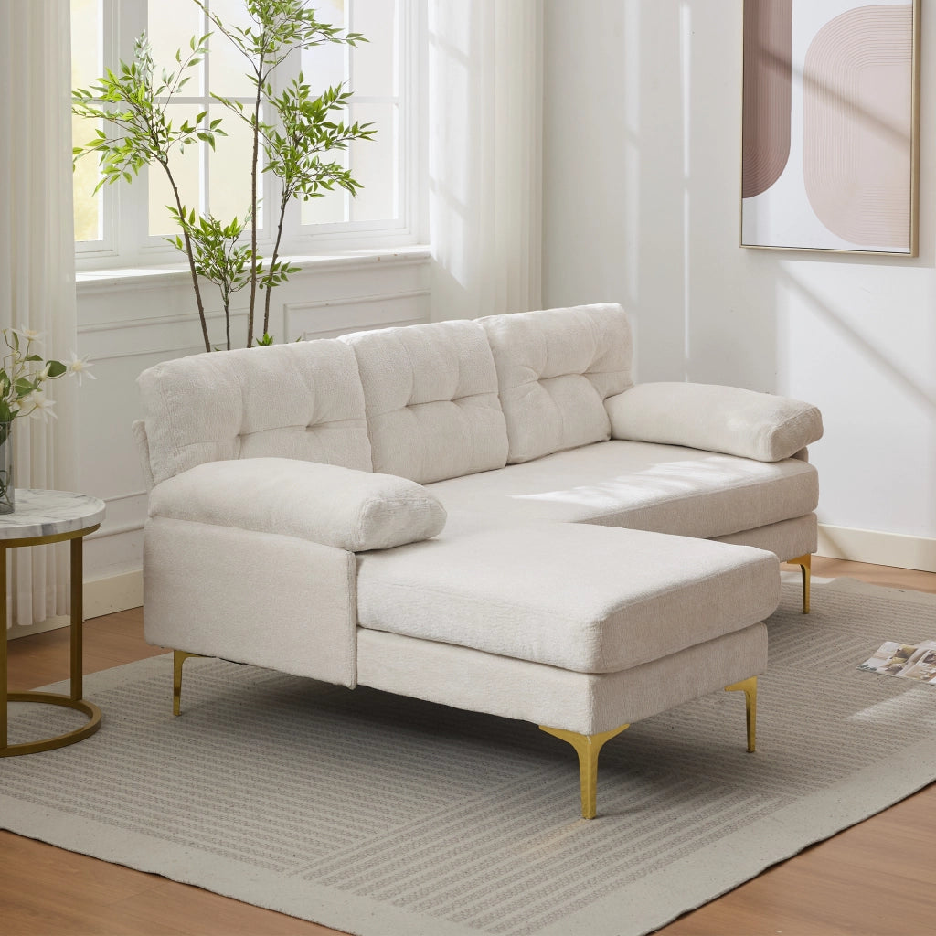 Divano angolare reversibile 3 posti con cuscini e braccioli, in ciniglia, Beige, 187.5 × 130 × 79 cm