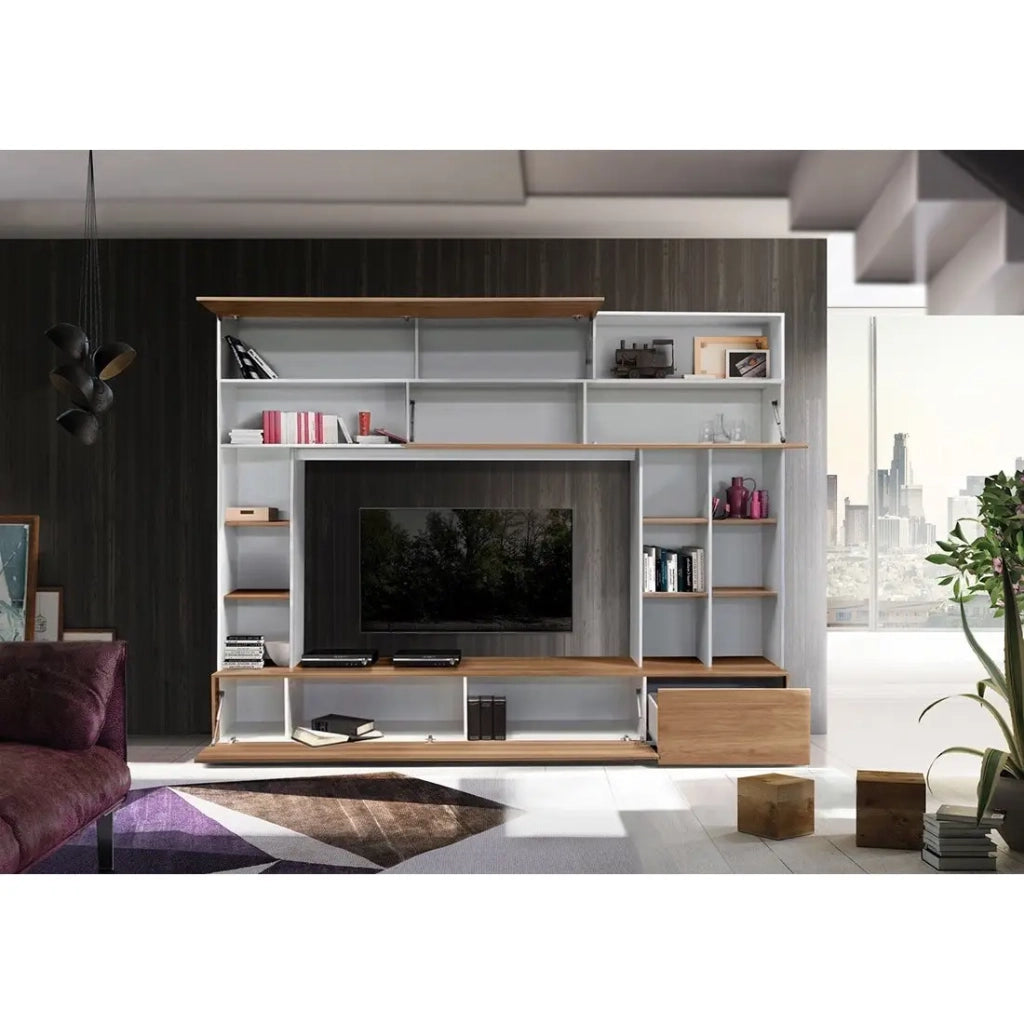 Composizione murale PATIO – Rovere & bianco opaco – Numerosi vani di stoccaggio – Stile moderno per soggiorno