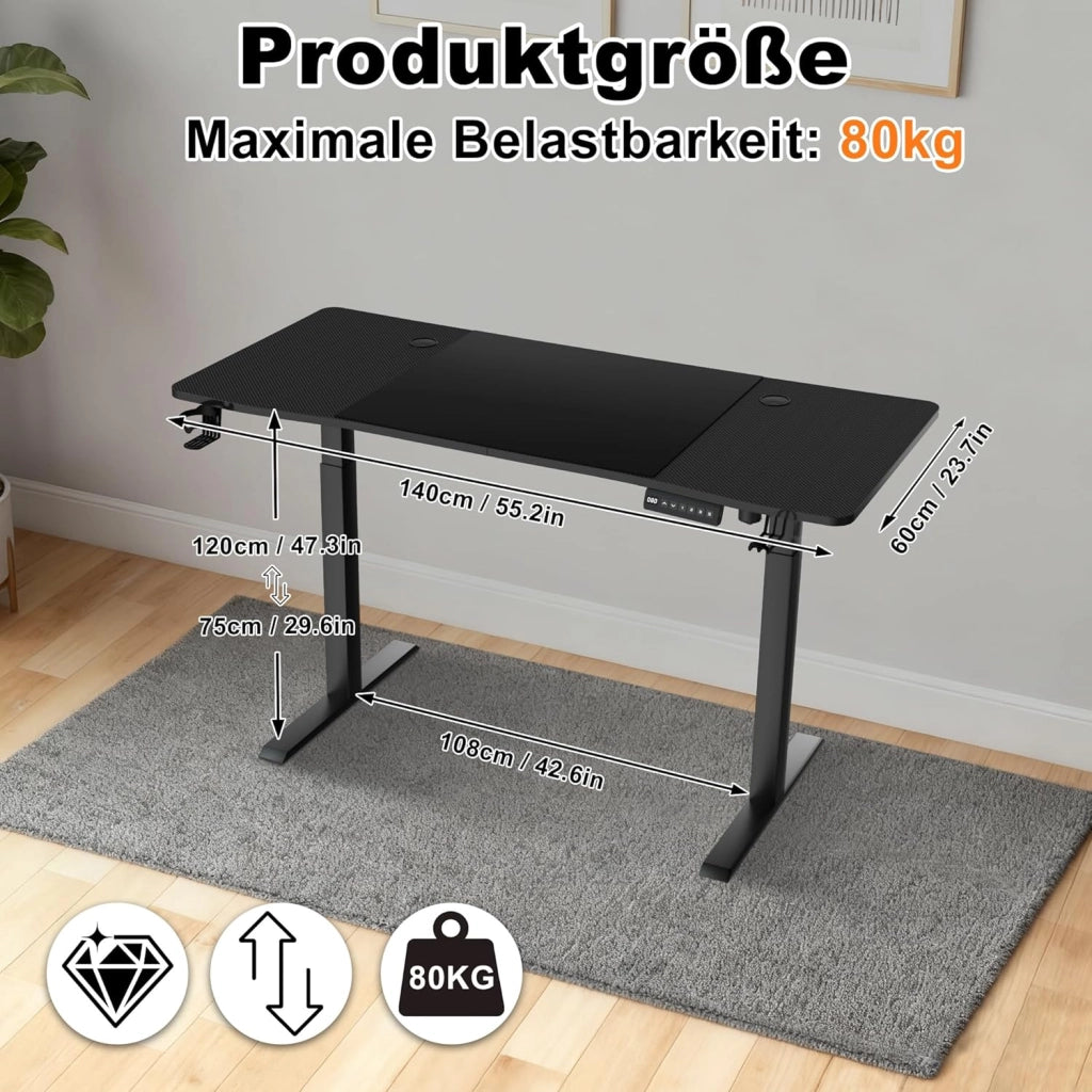 Scrivania elettrica regolabile in altezza, 140 x 60 cm, scrivania per computer, scrivania da ufficio con porta di ricarica di tipo C, gancio per cuffie e porta bevande, sedile elettrico, con