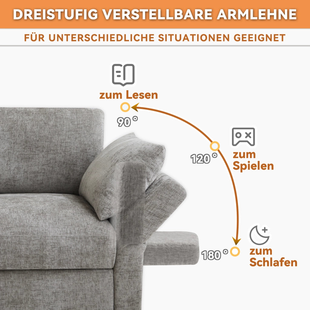 Divano modulare 4 posti con 2 pouf e braccioli regolabili in Chenille Grigio 284 × 156.5 × 86 cm