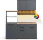 Cucina singola Egbert, Antracite, 160 cm con tavolo allungabile con striscia LED, con asciuga piatti integrato e ripiani laterali
