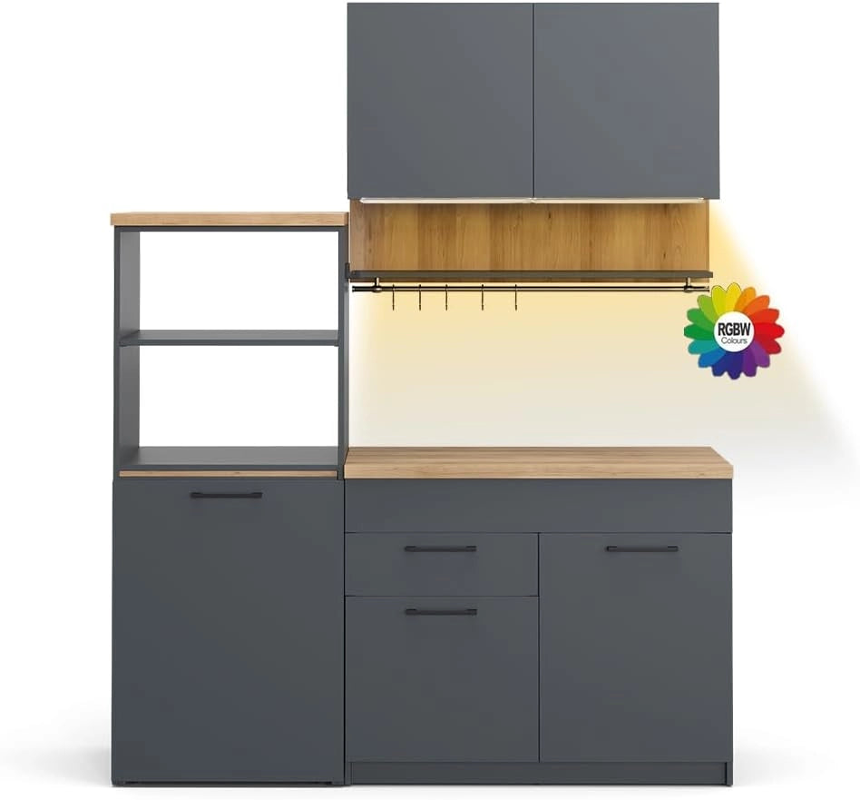 Cucina singola Egbert, Antracite, 160 cm con tavolo allungabile con striscia LED, con asciuga piatti integrato e ripiani laterali