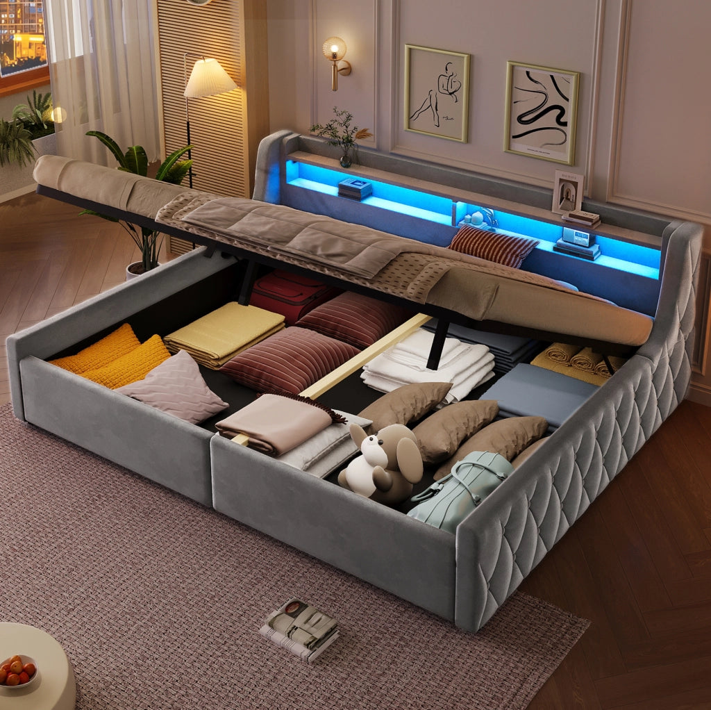 Letto imbottito 140x200 cm con contenitore idraulico e testiera LED grigio