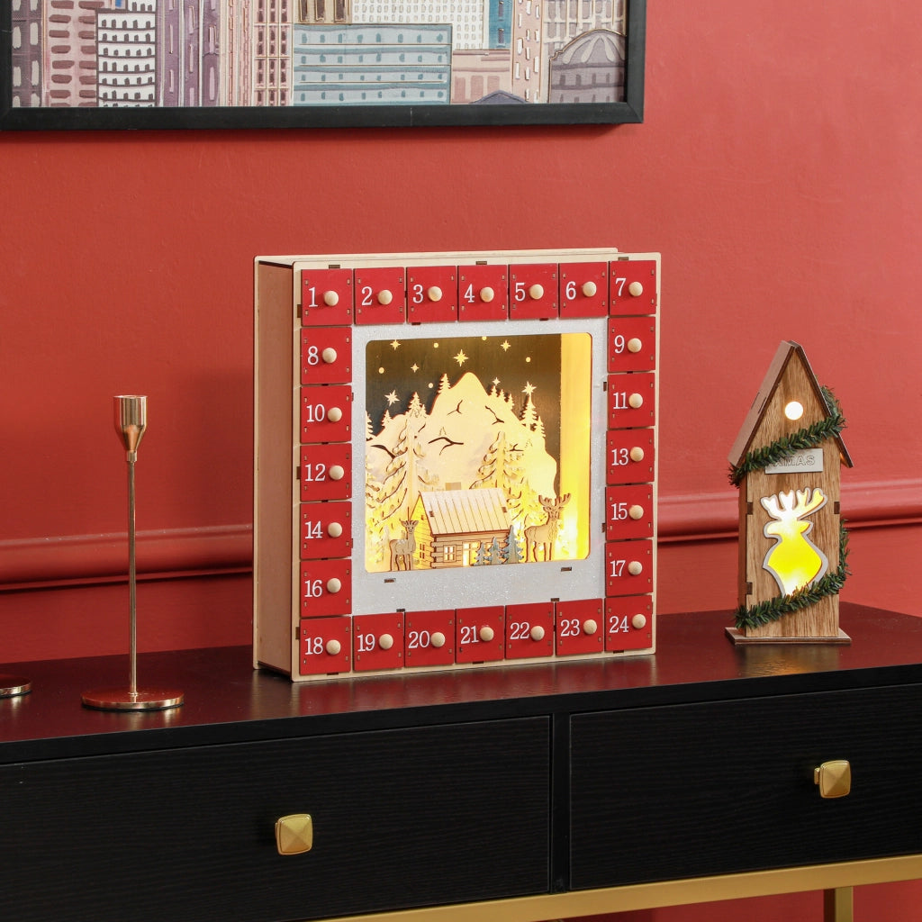 Calendario dell'Avvento LED con 24 cassetti ¨C zephmum ¨C legno rosso 60x40x19