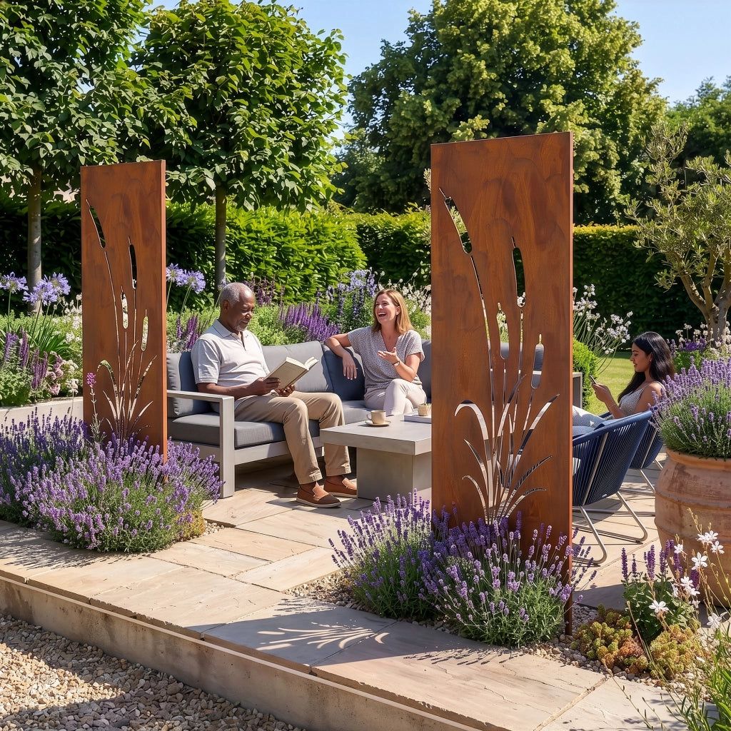 Set di 2 Pannelli Divisori Irsina Frangivista con Motivo Canne 160x50 cm Acciaio Corten - Marrone Ossidato casa.pro