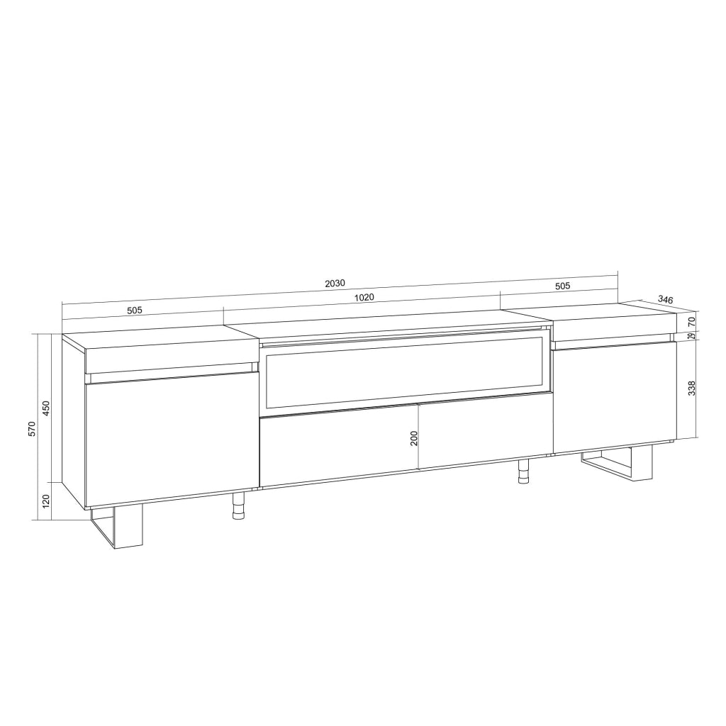 Mobile TV Soggiorno, 200x57x35cm, Per TV fino a 80", Camino elettrico, Design industriale, Bianco e Rovere soft