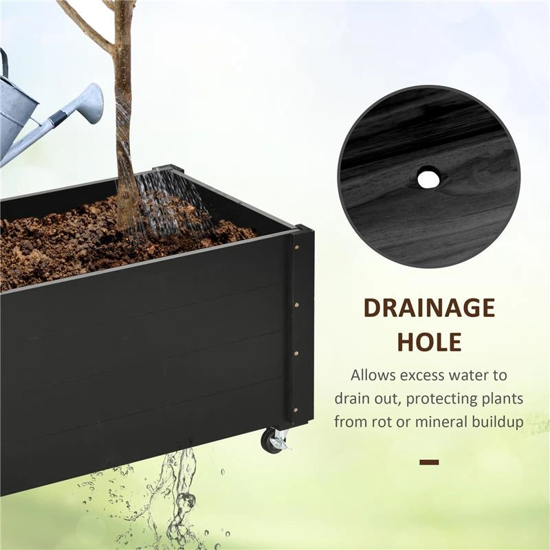 FIORIERA DA GIARDINO CON FORO DI DRENAGGIO E ROTELLE, IN LEGNO DI ABETE, 89X48X47 CM, NERA