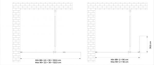 Parete doccia Walk In con anta mobile paraspruzzi vetro temprato 8mm H 200 cm misura 90 cm lastra + 30 cm antina
