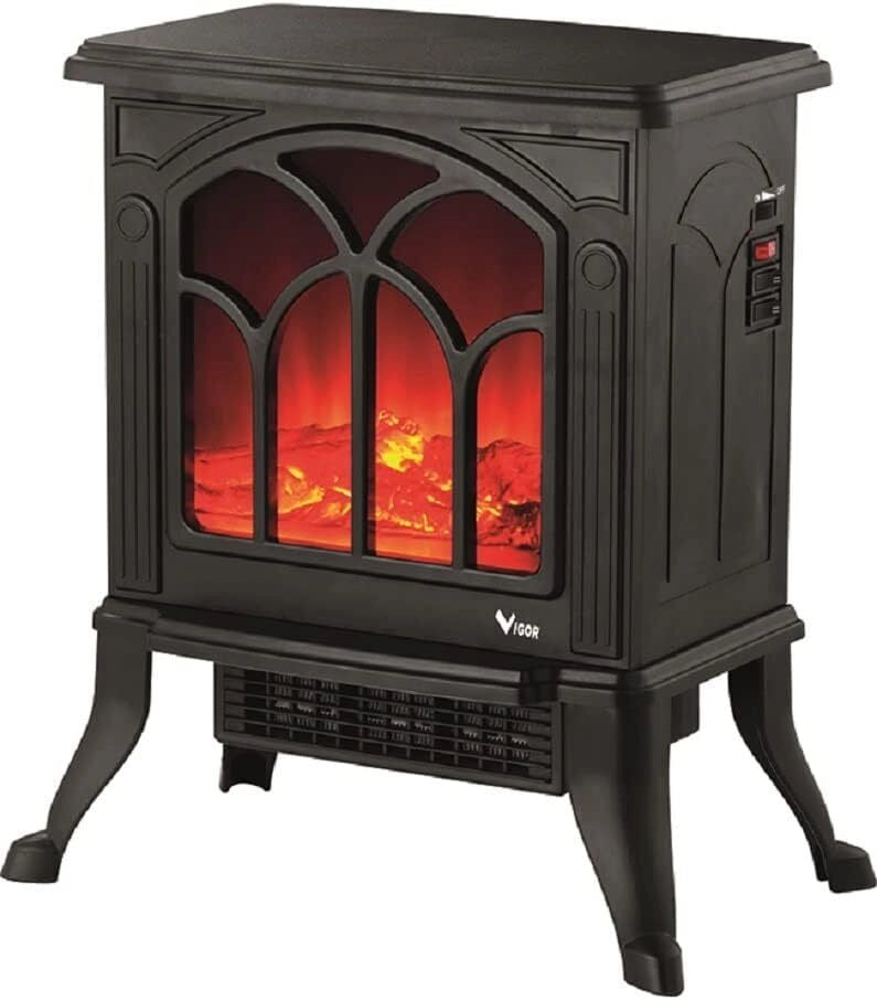 Vigor 9793605 Ignis Stufa Elettrica Caminetto Resistenza Ceramica 1500 W Effetto Fiamma Termostato Regolabile Protezione Surriscaldamento