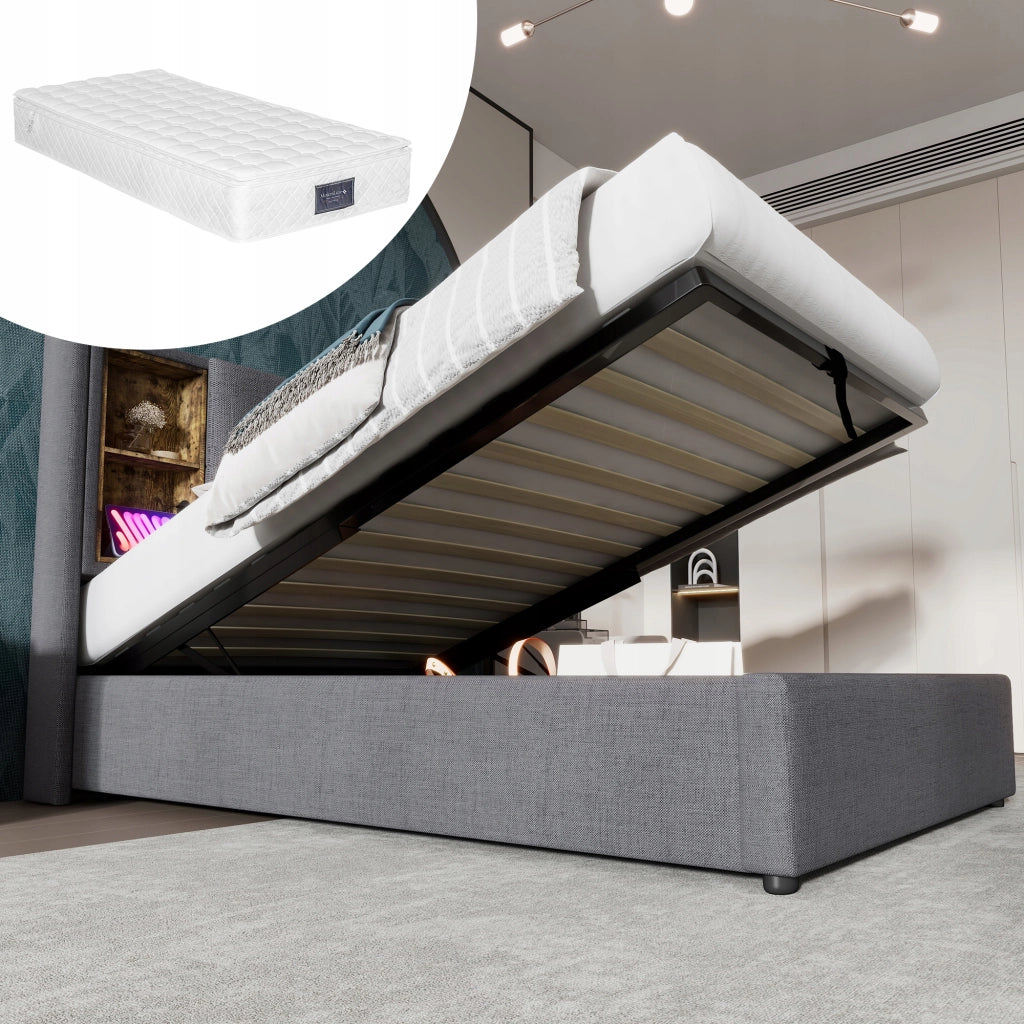 Letto singolo imbottito - Xylo - 90x200 - Grigio - Caricabatterie wireless, USB-C, con materasso