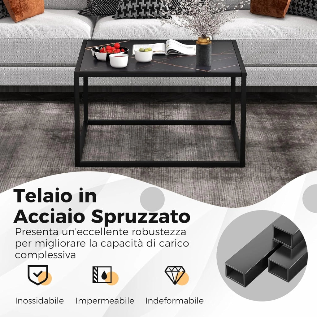 Tavolino da Salotto in Legno, Tavolino Basso con Piano in Finto Marmo e Struttura in Acciaio, Tavolino Basso per Soggiorno e Ufficio, Portata Massima 45 kg, 70 x 70 x 40 cm (Nero)