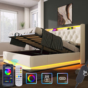 Letto imbottito idraulico con LED USB 140x190 cm colore PU bianco