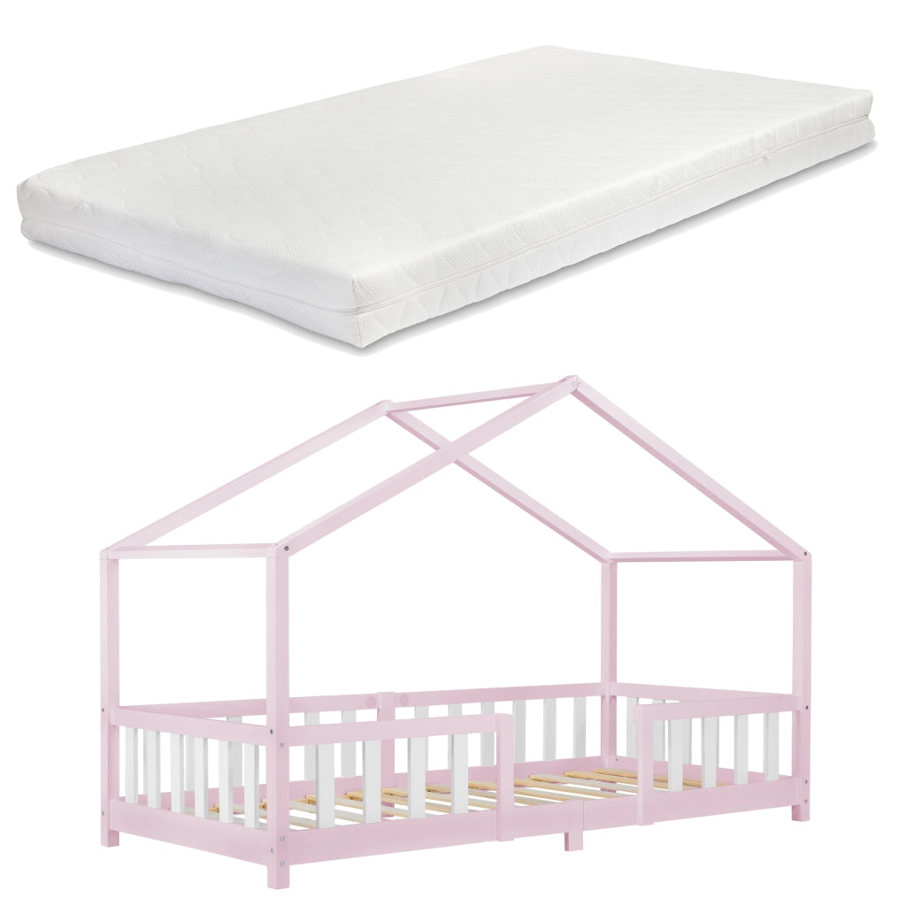 Letto per Cameretta Treviolo a Forma di Casetta con Materasso 90x200 cm Rosa / Bianco [en.casa] [neu.haus]