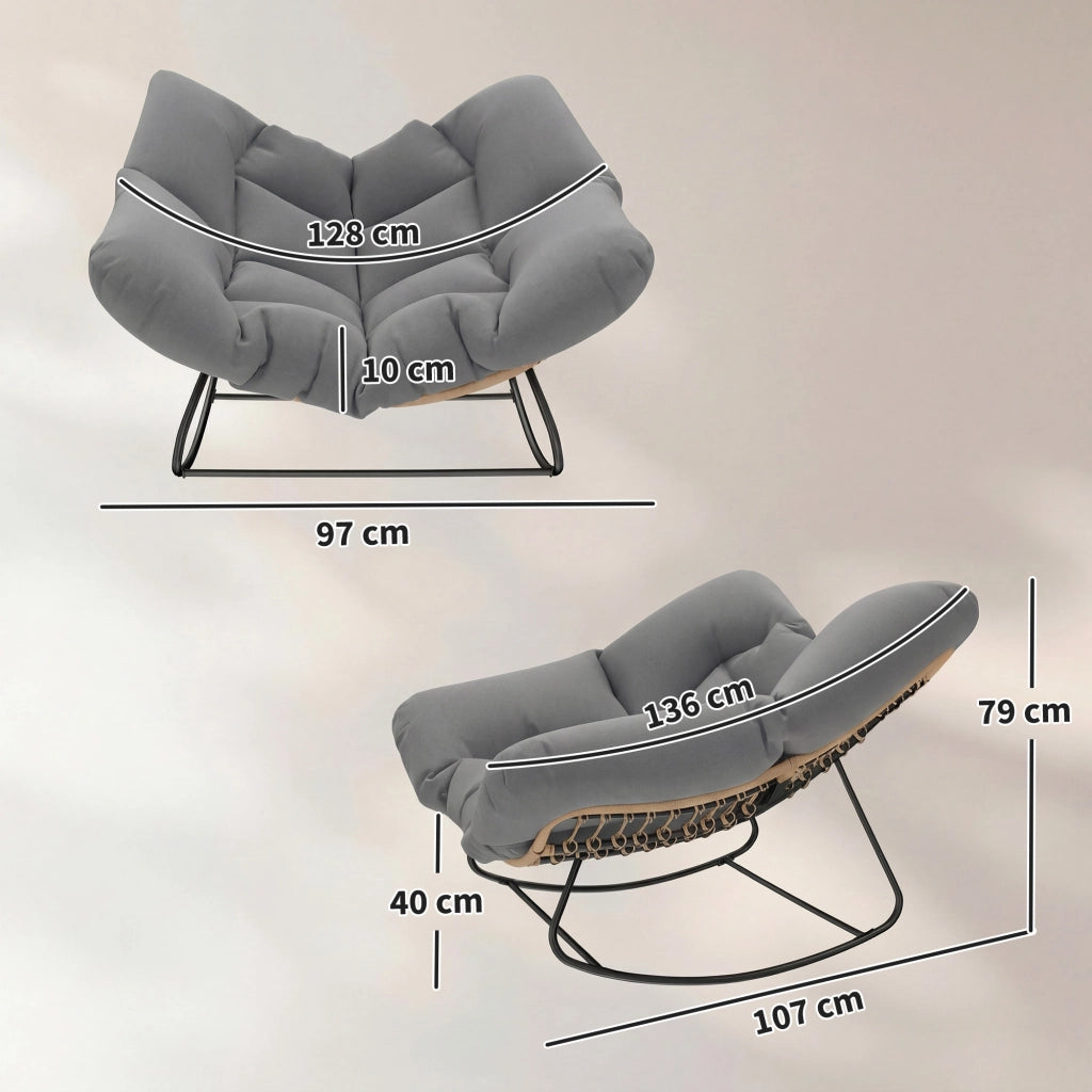 Sedia a Dondolo da Interni ed Esterni 97x107x79 cm con Seduta Extra Larga e Cuscino Imbottito in Cotone PP Grigio