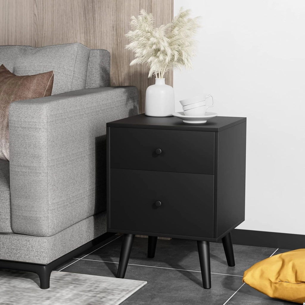 Comodino con 2 cassetti, comodino in legno, 45 x 40 x 62 cm, comodino con gambe in legno mazzo, tavolo da soggiorno e divano per camera da letto (nero)