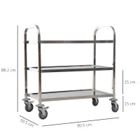 Carrello da Cucina 3 Ripiani Aperti 4 Ruote Omnidirezionali con 2 Freni Cuscinetti Anti-Collisione in Acciaio Inossidabile 430 Argento 90.5x50.5x88.2cm
