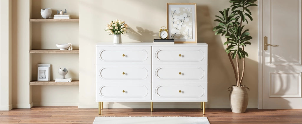 Credenza con 6 cassetti e dettagli ovali, piedi in metallo, per soggiorno e ingresso, bianco, 120 × 40 × 75 cm