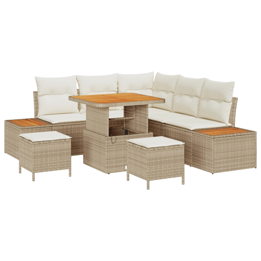 Set di Divani da Giardino 8 Pezzi con Cuscini Beige Polyrattan Acacia
