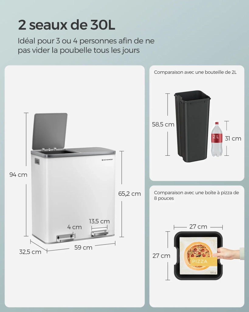 Pattumiera a 2 pedali con doppio scomparto 2 x 30 litri acciaio inox anti-impronta secchio interno in plastica con manico 12_0007159