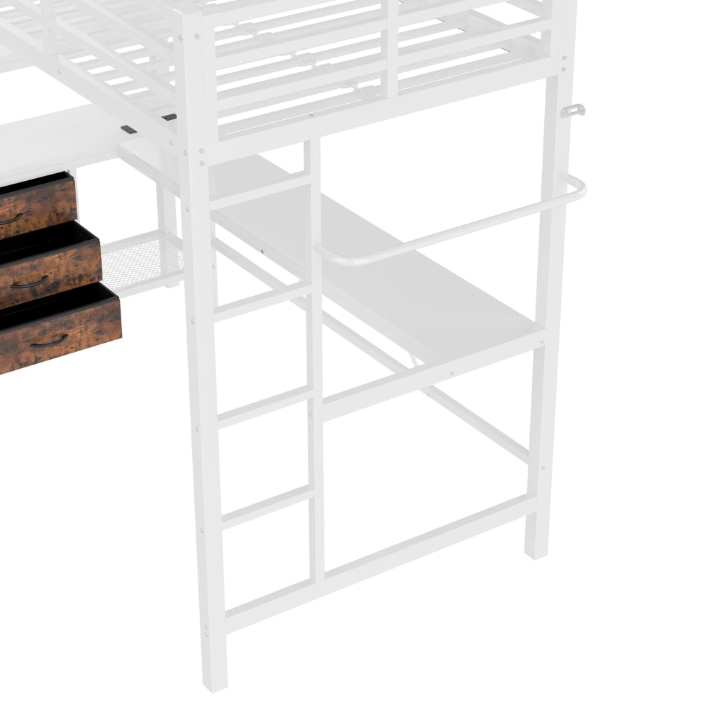 Letto a Soppalco 90 × 200 cm con LED; Scrivania; USB; 3 Cassetti e Ripiani; senza Materasso; Bianco