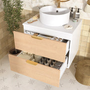 Mobile bagno sospeso 60 cm con lavabo in ceramica, 2 cassetti, MDF naturale