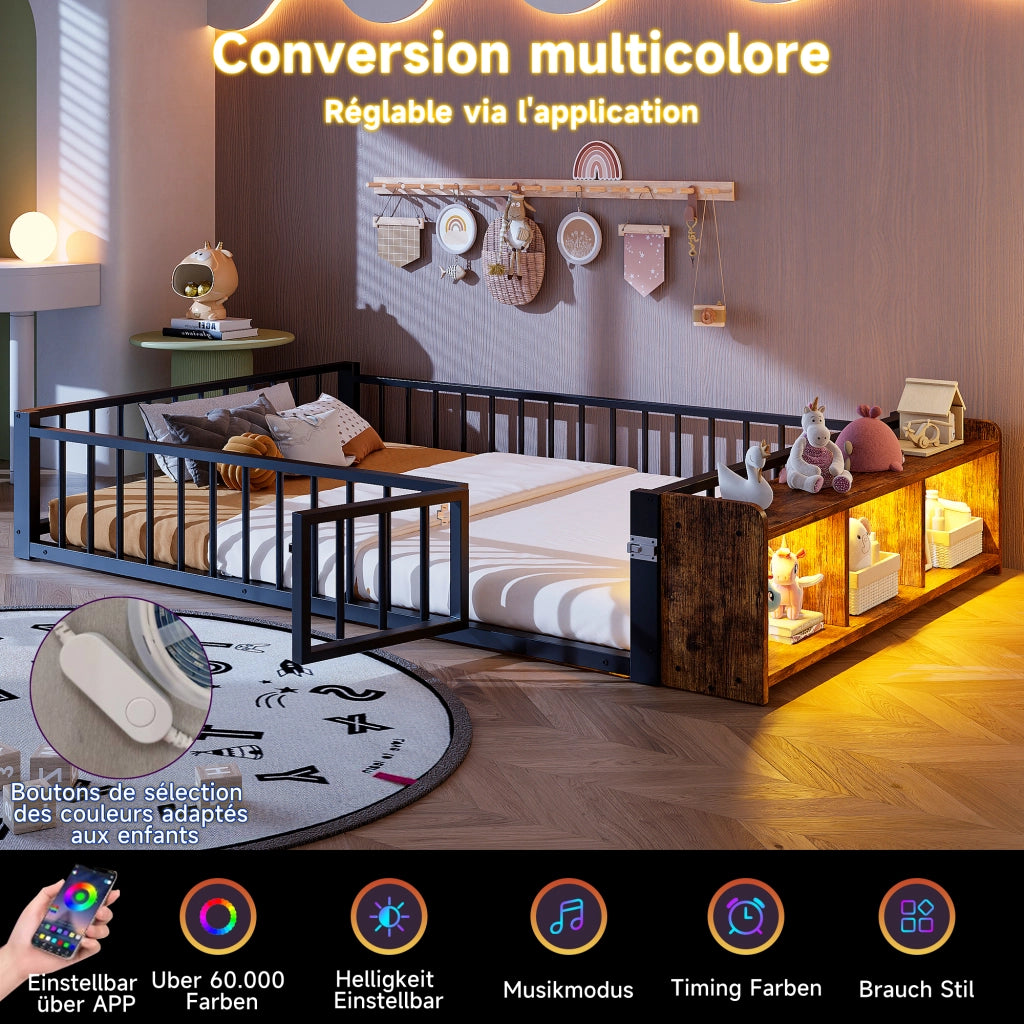Letto in metallo con cassetti LED 140x200 MDF nero e metallo