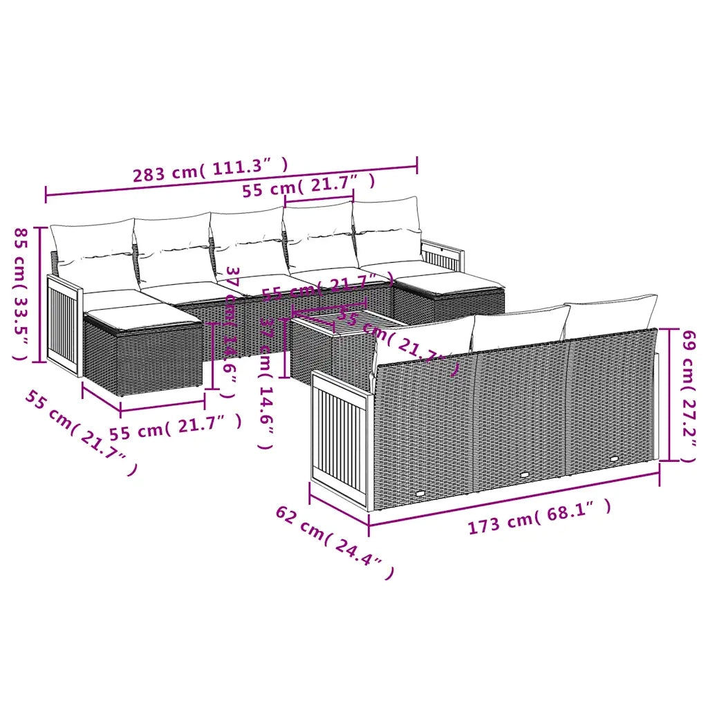 Set Divani da Giardino 11 pz con Cuscini Nero in Polyrattan 3228101