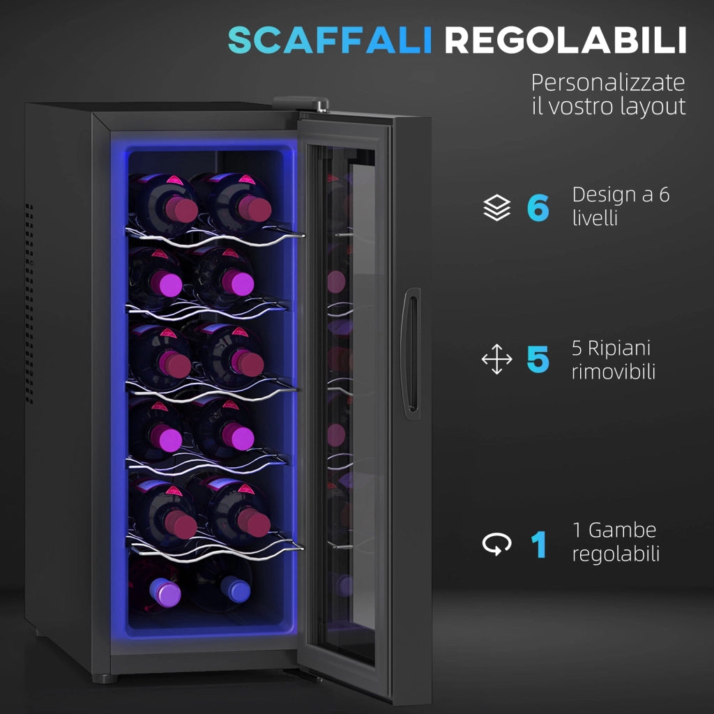 Cantinetta Vino Refrigerata per 12 Bottiglie Doppio Controllo Temperatura Ripiani Regolabili e Luci Nero