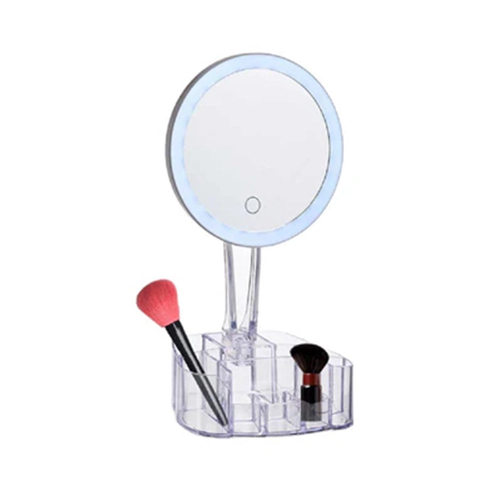 Trade Shop - Specchio Trucco Da Tavolo Con Luce 26 Led Porta Accessori Trasparente Ingrandimento 1x -