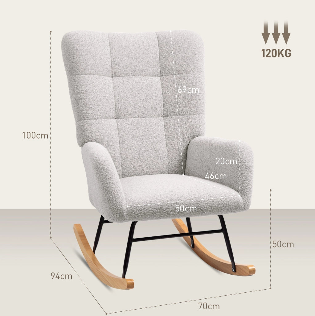 Sedia a dondolo 70x94x100 cm con schienale imbottito in velluto grigio chiaro