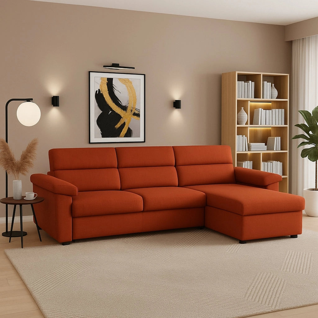 Ceto, Divano Fisso con Penisola Sfoderabile Made in Italy, 285x160 cm Arancione