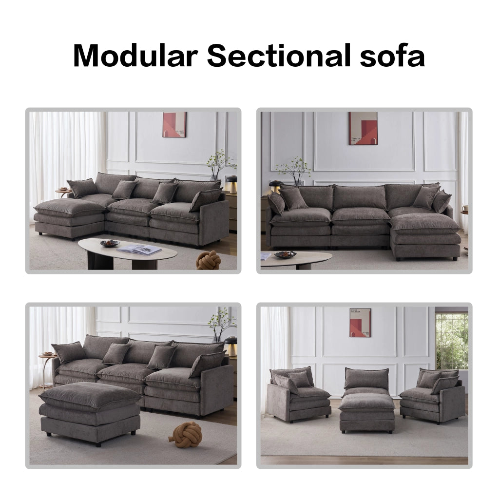 Divano modulare L con pouf mobile in chenille grigia, 3 posti, seduta con molle insacchettate e schiuma