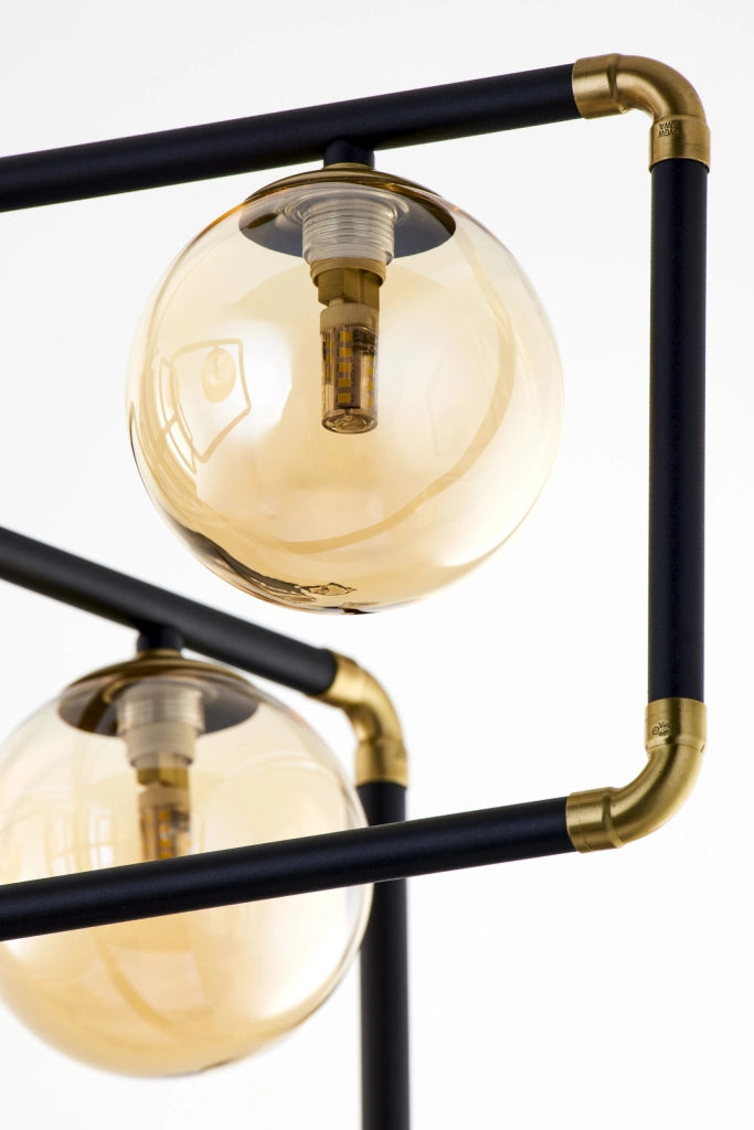 Lampadario moderno nero oro vetro ambra 5xG9 Jupiter