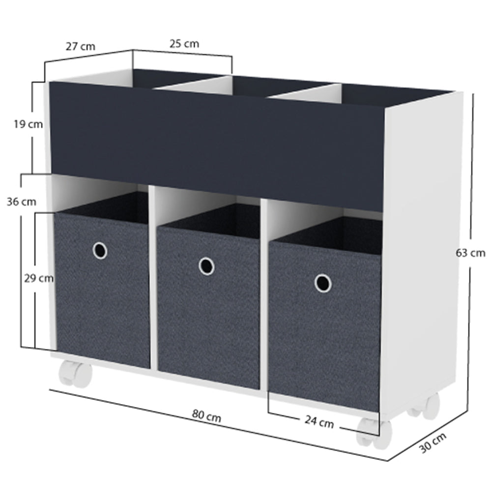Scaffale Portagiochi per Bambini 3 Ceste in Tessuto e Libreria 80x30x 63 cm in MDF Bianco e Grigio