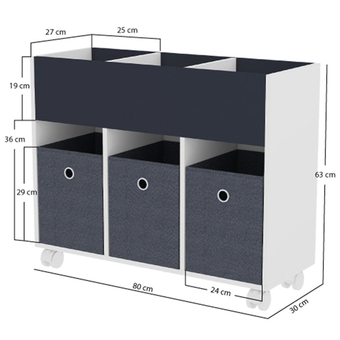 Scaffale Portagiochi per Bambini 3 Ceste in Tessuto e Libreria 80x30x 63 cm in MDF Bianco e Grigio