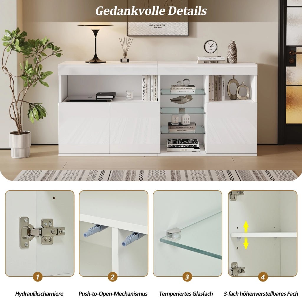 Credenza soggiorno bianca con LED e ante lucide