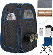 Sauna a Vapore Portatile 3L, Sauna da Casa con 9 Livelli di Regolazione della Temperatura da 40-65℃, Telecomando, Sedia Pieghevole e Massaggiatore per Piedi in Legno (Nero)