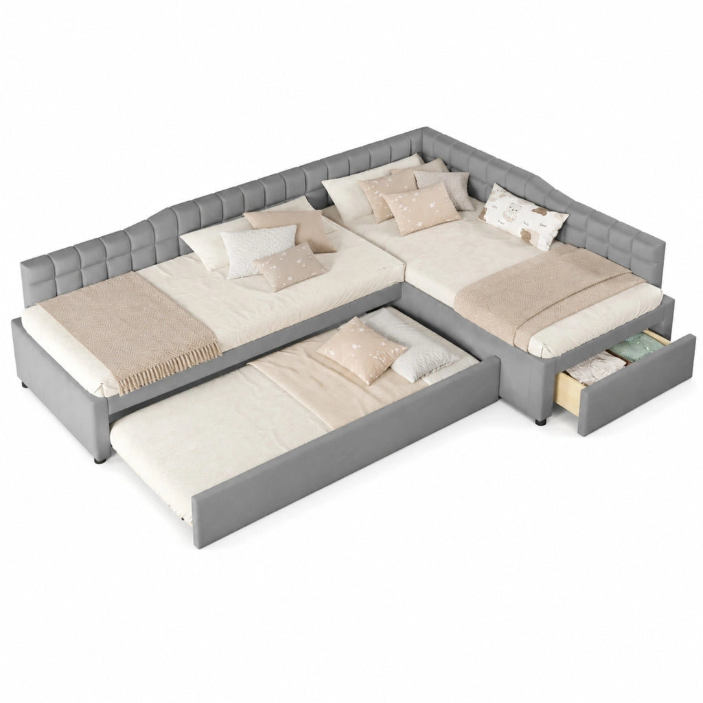 Letto angolare imbottito 90x200 con letto estraibile e cassetti