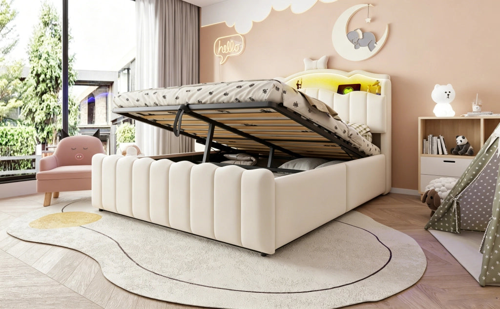 Letto per bambini 140 × 200 cm con contenitore idraulico, luci LED a colori, USB e USB-C, velluto beige, senza materasso