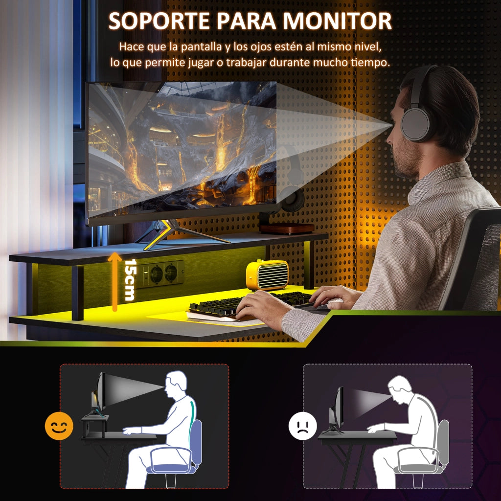 Scrivania Gaming con LED e Supporto Monitor ¨C Zephmum ¨C Nero 100x60x75 cm