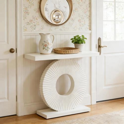 Consolle elegante in MDF e metallo con struttura floreale per ingresso e soggiorno bianca 107 × 41,5 × 33 cm