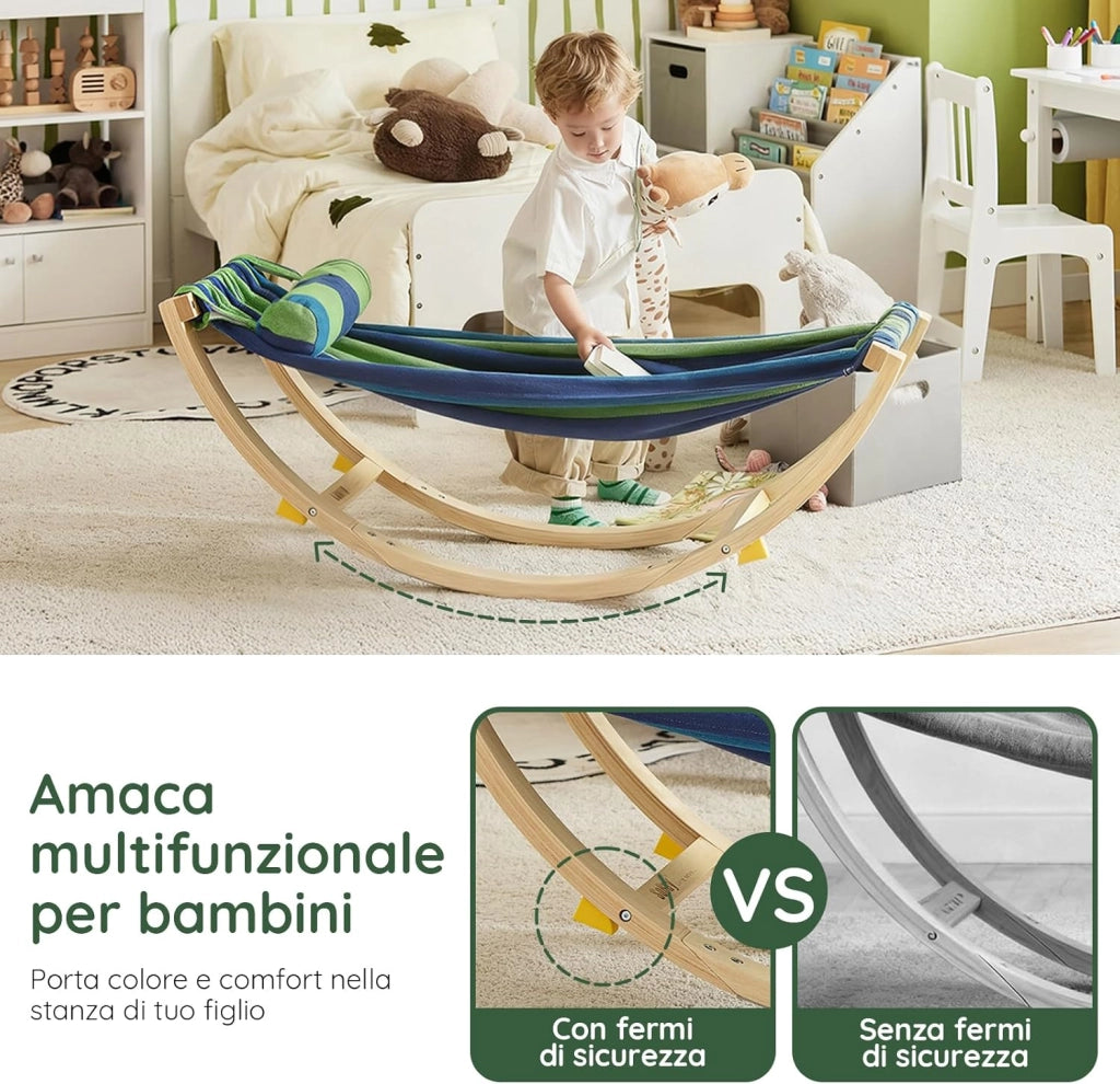 Amaca da Giardino Sdraio a Dondolo per Bambini Poltroncina per Bambini Lettino Prendisole in Legno con Dispositivi di Sicurezza per Cameretta o Giardino 122x36x48cm KMB16-J