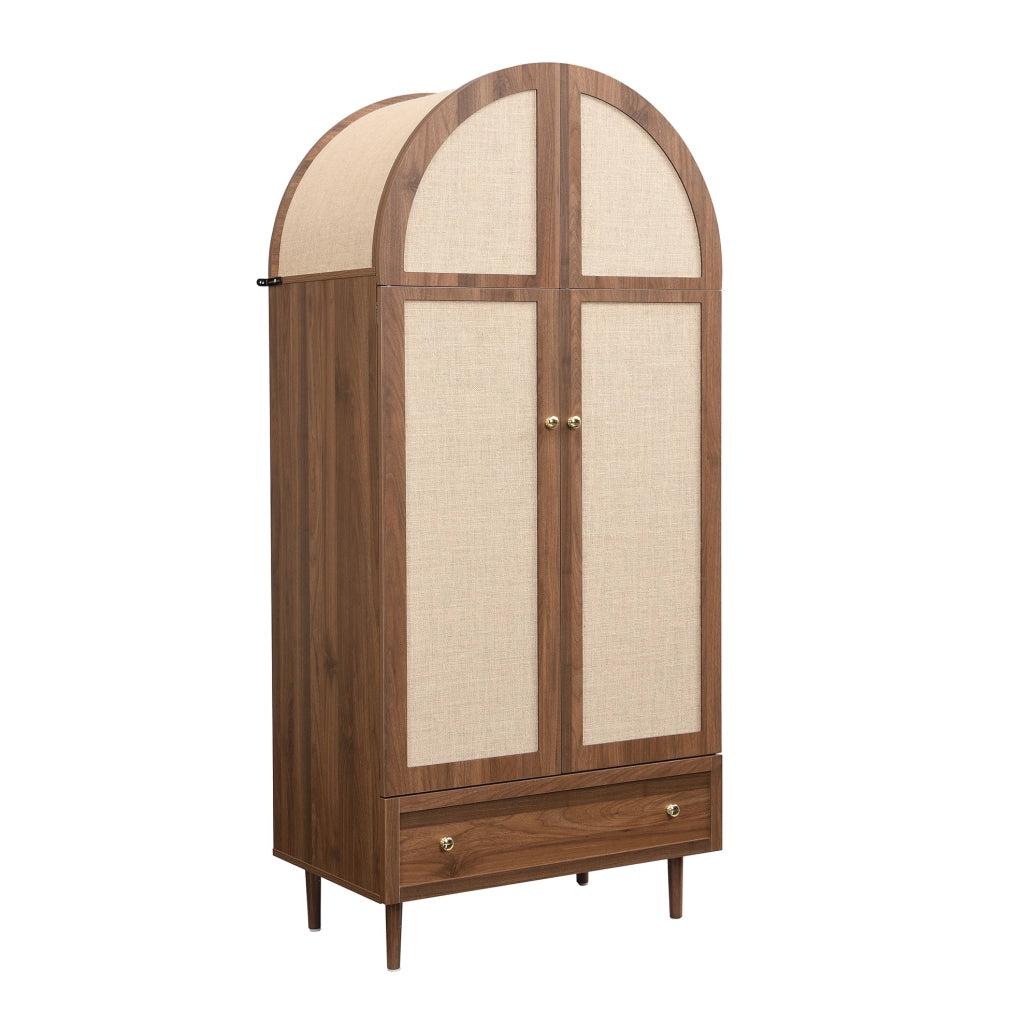 Armadio 79x50x175 cm con ante rivestite in tessuto e cassetto in MDF naturale