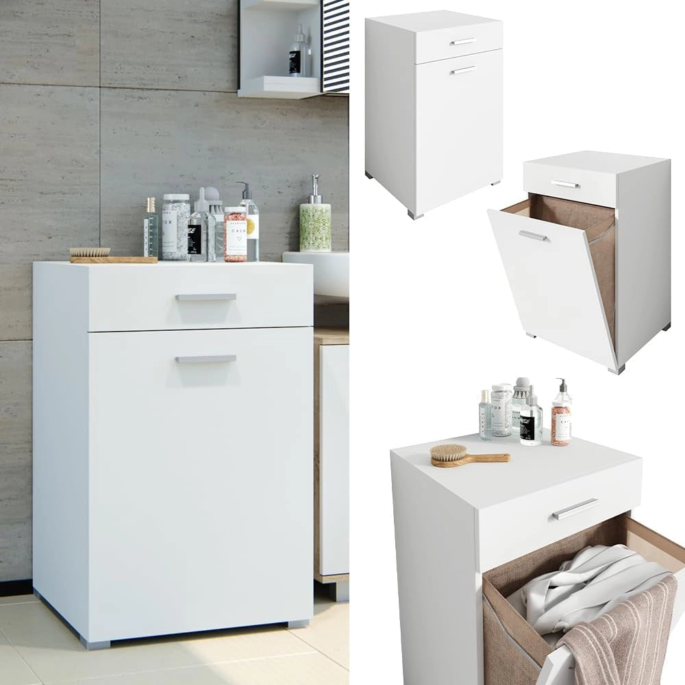 Armadietto da bagno con portabiancheria Matteo, Bianco, 50 x 78.5 cm, con cesto della biancheria integrato e soluzione salvaspazio
