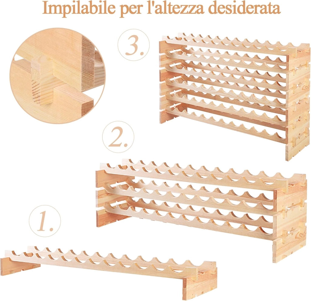 Cantinetta Portabottiglie Vino in Legno di Pino, Portabottiglie per Vino con 6 Ripiani, per 72 Bottiglie di Vino, per Cucina, Bar e Cantina (72 Bottiglie)